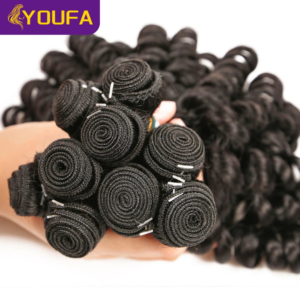 YOUFA Funmi Curly Hair Bundles 100% Brazilian Human Hair Weave Bundles 8-28 Inch Spiral Curly Human Hair Weaving For Black Women