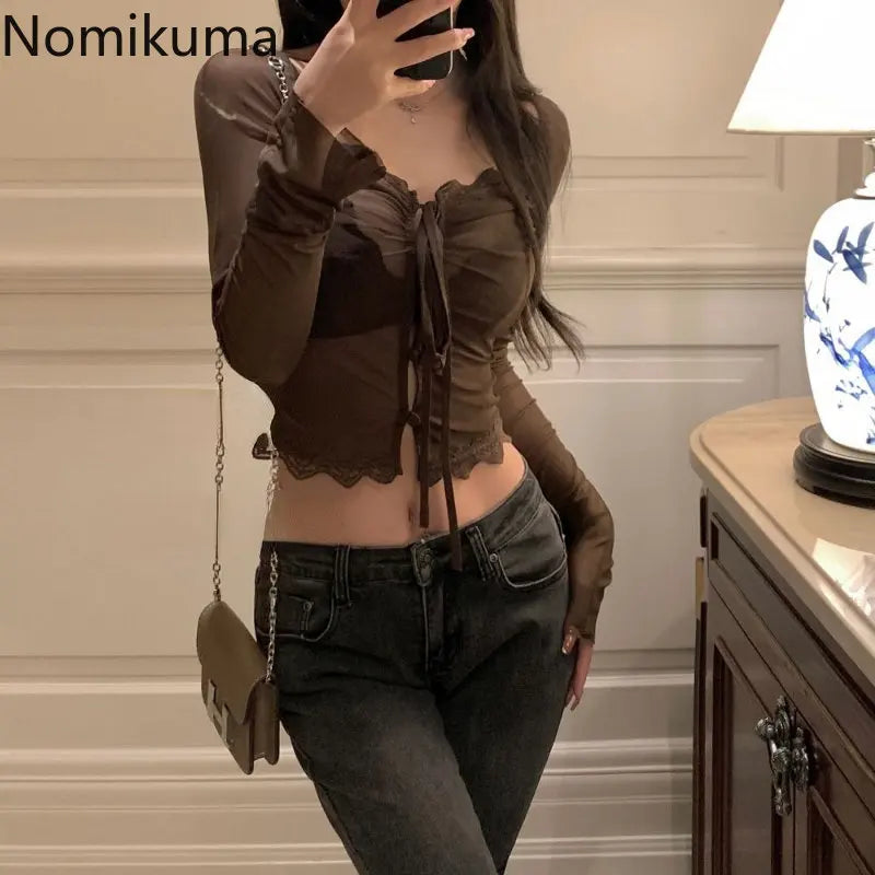 Sexy Tops Blouses for Women V-neck Long Sleeve Tunic Shirts Guaze See Throught Lace Bandage Summer Blouse 2025 Blusas De Mujer
