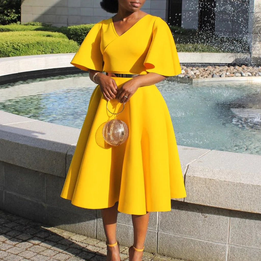 Dress Women Sexy Dresses White Round Neck Flare Sleeve Party Sheath Pleated High Waist Work Elegant Bodycon Mid Length Vestidos