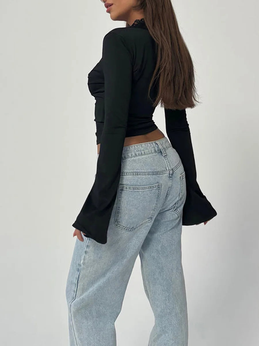 Women Fall Tops  Lace Trim Deep V Neck Bell Sleeve Crop Shirt Casual Streetwear