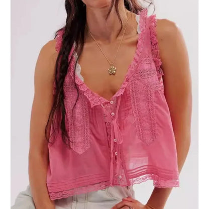 Women Sexy Crop Tops Sleeveless Boho Free Style Tank Tops Splice Lace Hippie Tops Button Down Summer Caimis Tee Top Female Cloth