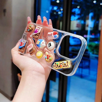 Super Cute M beans chocolate Phone Case for iPhone 16 15 14 13 12 11 Pro Max Cases Silicone Cover Transparent 3D Cartoon Funda