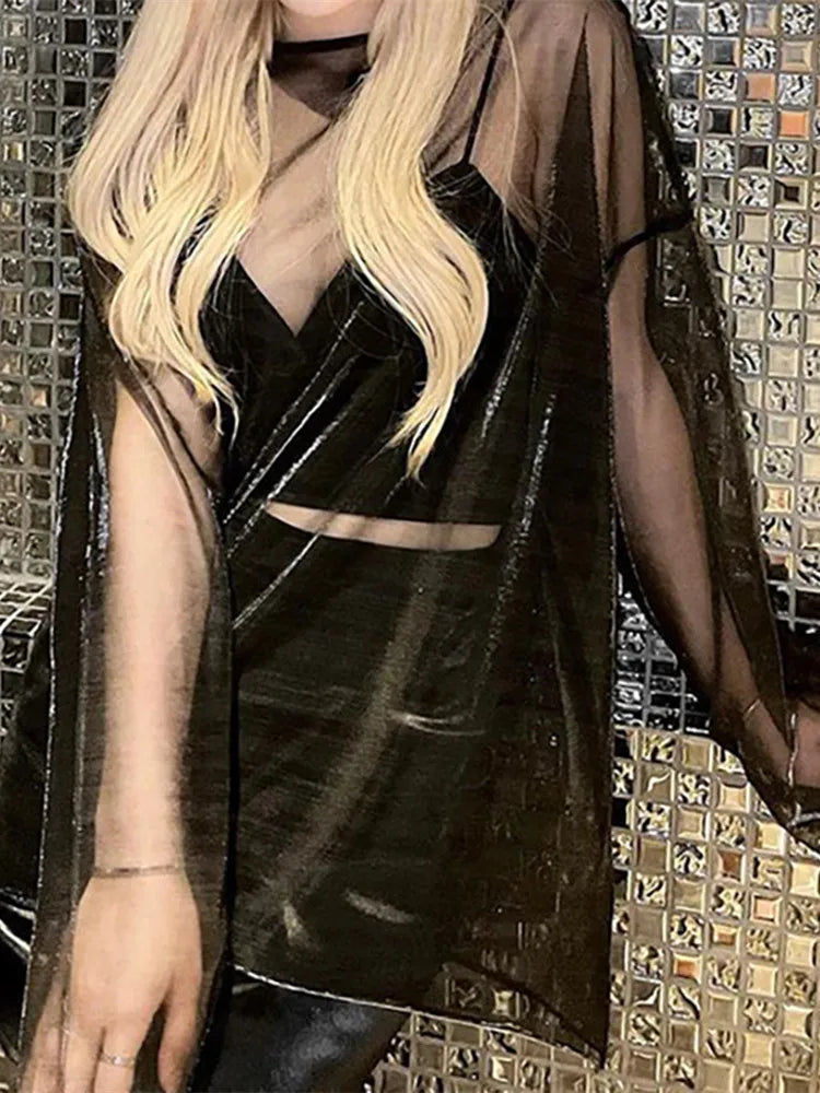 See Through T Shirts For Women Y2k Clothes Sexy Crop Tops Long Sleeve Oversized Tshirt O-Neck Club Outfit Reflective Egirl Tees