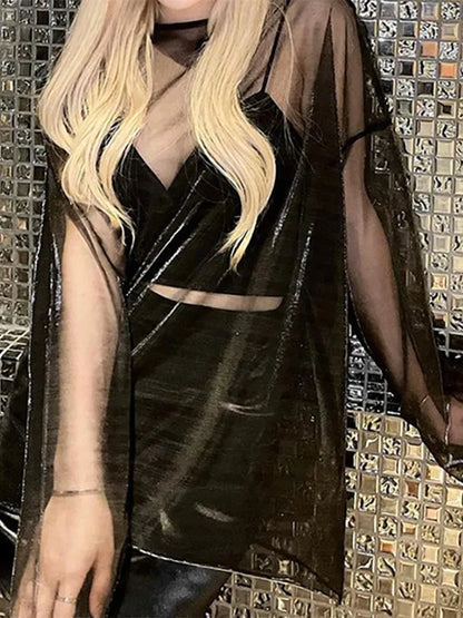 See Through T Shirts For Women Y2k Clothes Sexy Crop Tops Long Sleeve Oversized Tshirt O-Neck Club Outfit Reflective Egirl Tees