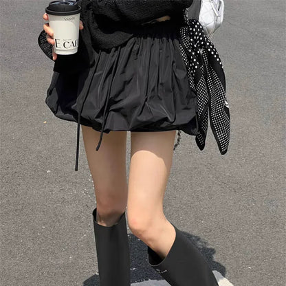 Ropa Skirts for Women 2025 Mini Black White Korean Style Jupe Faldas Mujer Elastic Waist Retro Khaki Drawstring Flower Bud Skirt