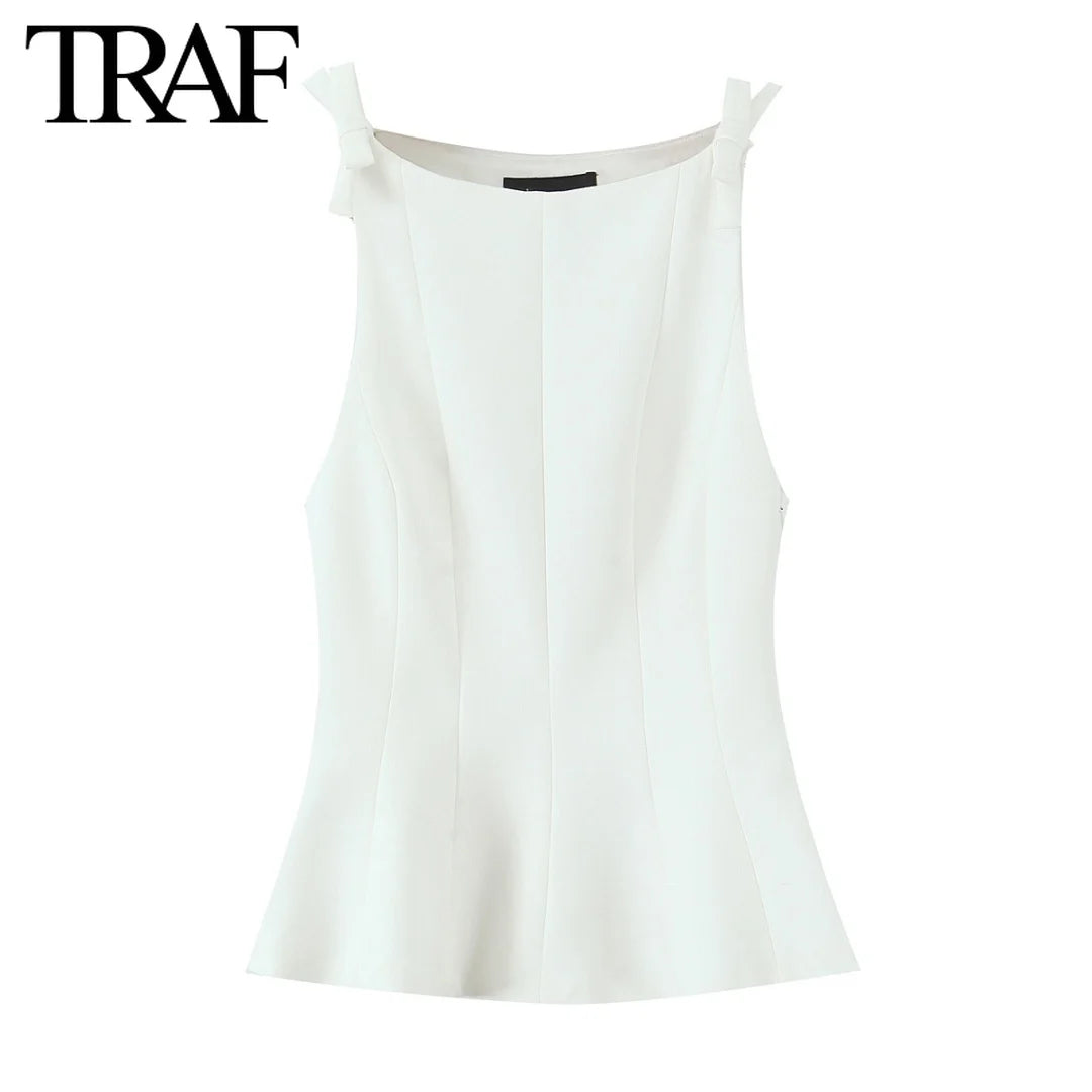 TRAF Top for Women Fashion Summer Short Skirt Hem Bow Sleeveless O-neck Blouse Street Clothing Vest Tank Chic Ladies Tops Mujer