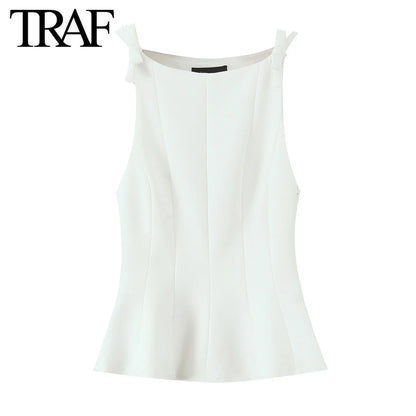 TRAF Top for Women Fashion Summer Short Skirt Hem Bow Sleeveless O-neck Blouse Street Clothing Vest Tank Chic Ladies Tops Mujer