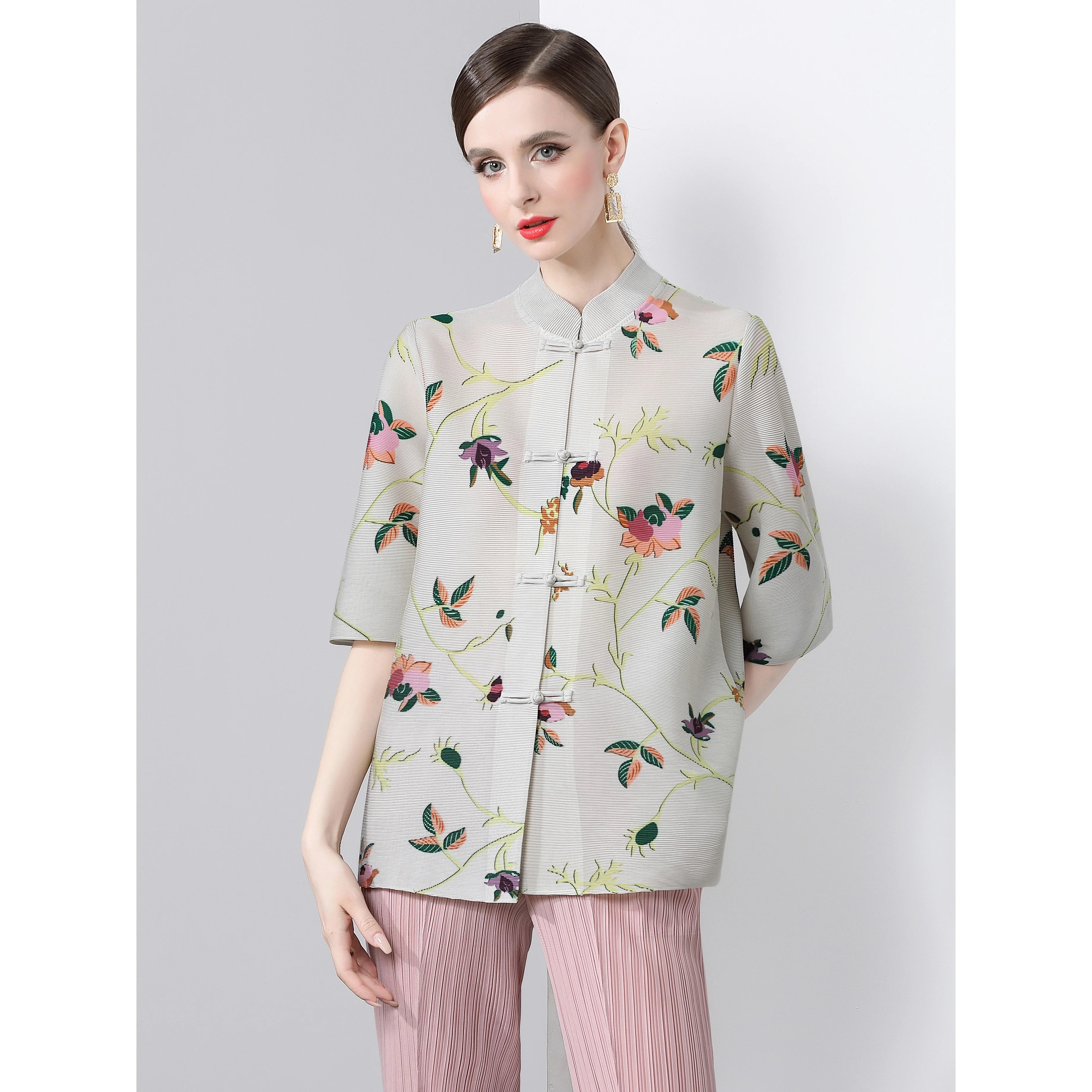 Pleated Tops for Women Summer Printed Shirts Loose Mom Wear Commuter Printed Short Sleeves Women Clothes