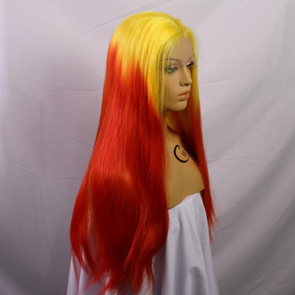Body Wave Ombre Yellow Red Colored Glueless Transparent Synthetic 13X4 Lace Front Wigs For Women Preplucked Drag Queen Cosplay