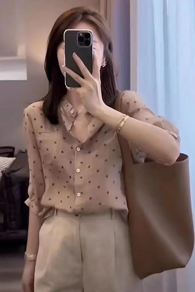 Elegant Summer Tops for Office Wear with Collar and Polka Dot Blouse for Women