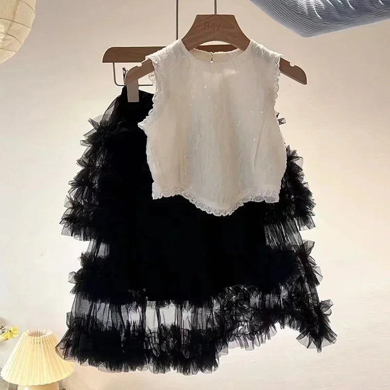 Skirts Sweet Girls Korean New Lace Flower Edge Vest Tops Mesh Yarn Tide Princess Half Length Skirt Tide 2024 Simple Fashion