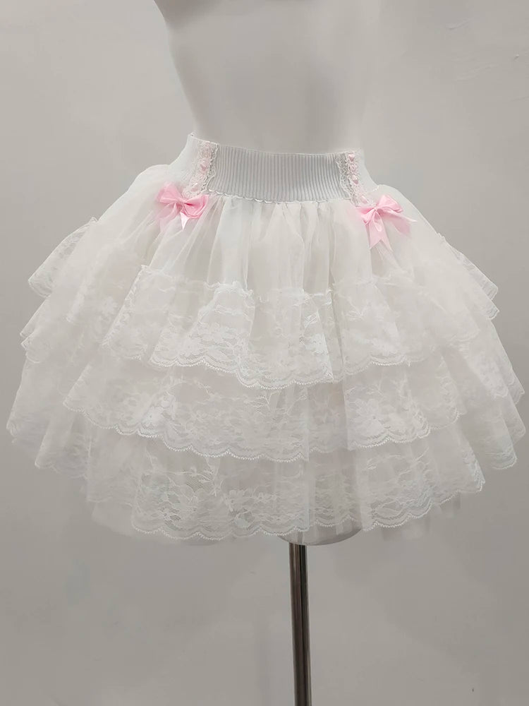 Pink Skirts for Sweet Girls Summer Bows Decoration Elastic Waist Lolita Style Multilayered Lace Skirt Kawaii Clothes