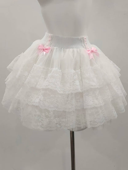 Pink Skirts for Sweet Girls Summer Bows Decoration Elastic Waist Lolita Style Multilayered Lace Skirt Kawaii Clothes