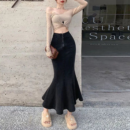 Long Denim Skirt for Women High Waist Autumn Blue Slim Jean Fishtail Skirt Korean Fashion Skinny Solid Elastic Slit Skirt Women