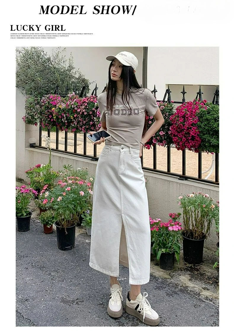 Casual High Quality Maxi Denim Skirts for Women Summer 2025 Fashion White Jeans Dress Long Y2k Medium-length A- Line Skirt Denim