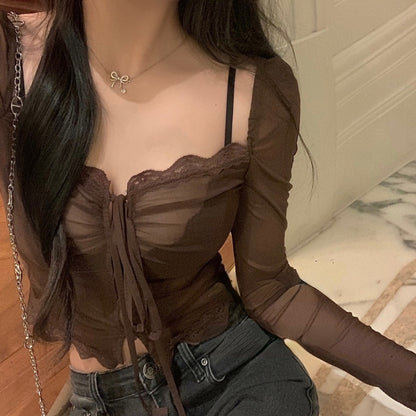 Sexy Tops Blouses for Women V-neck Long Sleeve Tunic Shirts Guaze See Throught Lace Bandage Summer Blouse 2025 Blusas De Mujer