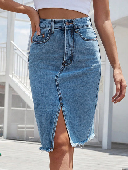 Fashion Midi Cotton Denim Skirt Women 2024 Casual Slim High Waist Asymmetrical Blue Jean Skirts Y2k Faldas Elegant
