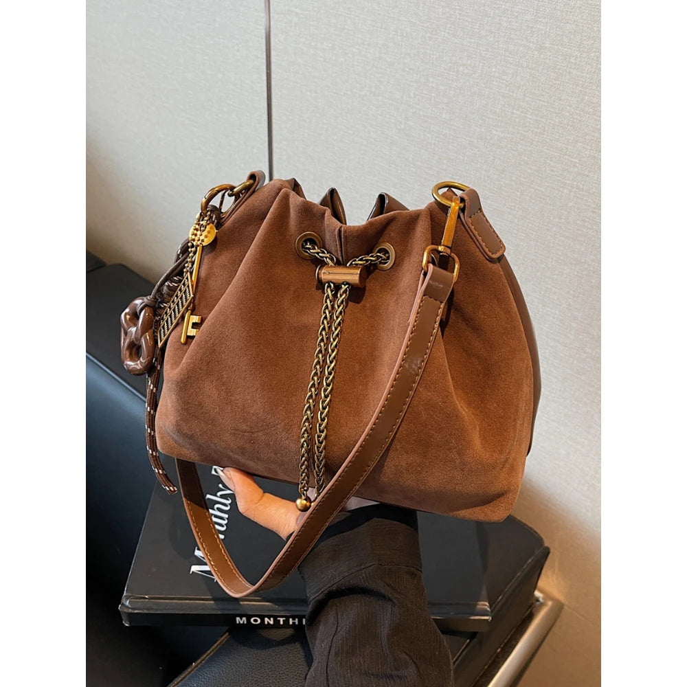 Women Vintage One Shoulder Bag Frosted Solid Drawstring Soft All-Match Bucket Bags High-Grade Versatile Commute Crossbody Packs