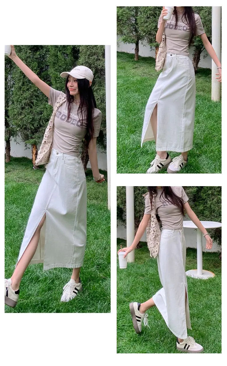 Casual High Quality Maxi Denim Skirts for Women Summer 2025 Fashion White Jeans Dress Long Y2k Medium-length A- Line Skirt Denim