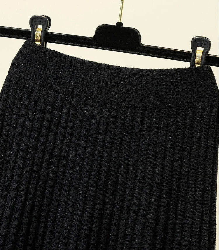 Knitted Skirts Women Autumn Thick Pleated Long Skirt Vintage High Waist Ribbed Female Solid Skirts Casual Streetwear 2025