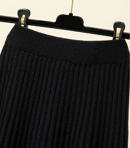 Knitted Skirts Women Autumn Thick Pleated Long Skirt Vintage High Waist Ribbed Female Solid Skirts Casual Streetwear 2025