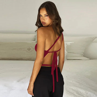 Women's Sexy Off Shoulder Crop Tops Women Summer Sleeveless Backless Lace-Up T-Shirts Woman 2025 New Hot Sale Irregular Slim Tee