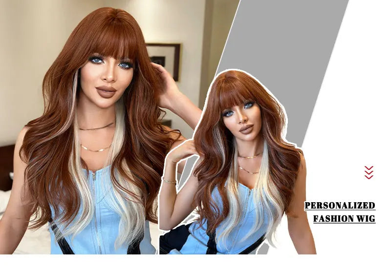 7JHHWIGS Long Body Wave Copper Highlight Beige Wig for Women High Density Synthetic Layered Modest Fashion Wigs with Neat Bangs