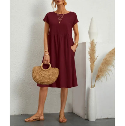 Women's Dresses 2025 Summer Fashion Casual Dresses Women Loose Mid Length Over Knee Dress New Short Sleeve Solid Dress Woman