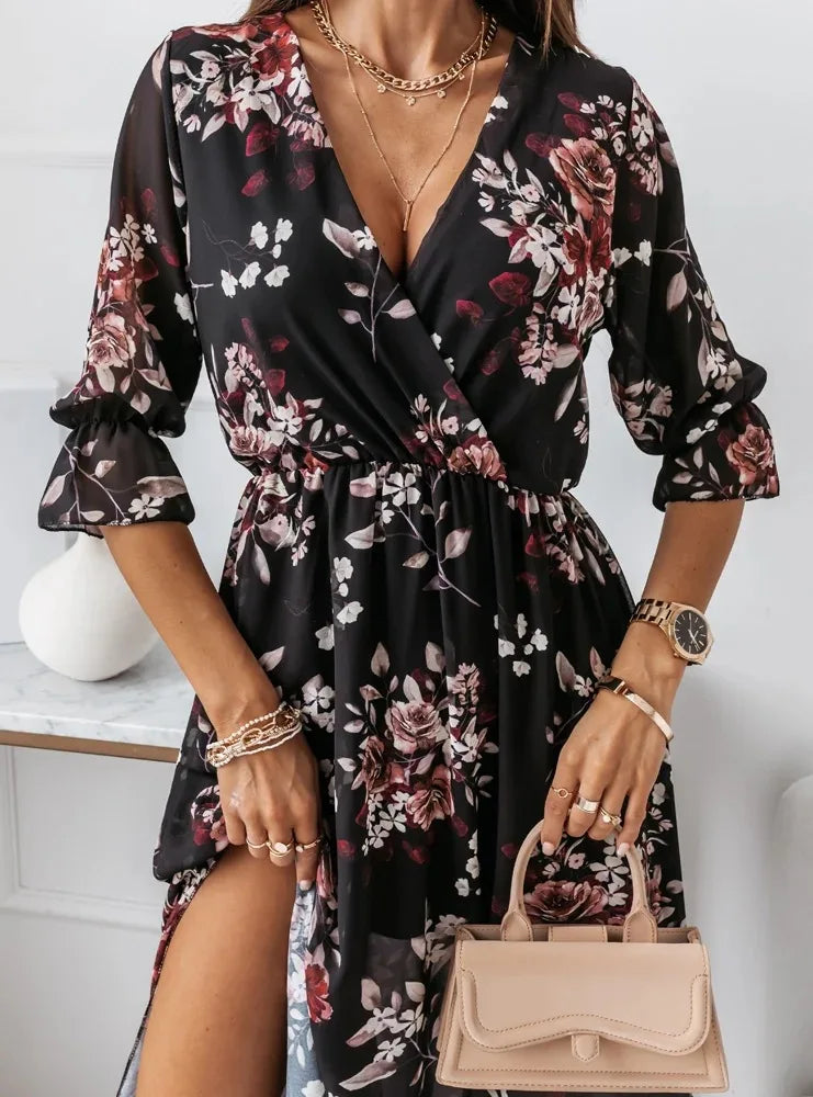 Women Dresses Sexy V Neck Retro Print Chiffon Maxi Dress Fashion Elastic Waist Side Splits Robe Elegant Long Sleeve Loose Dress