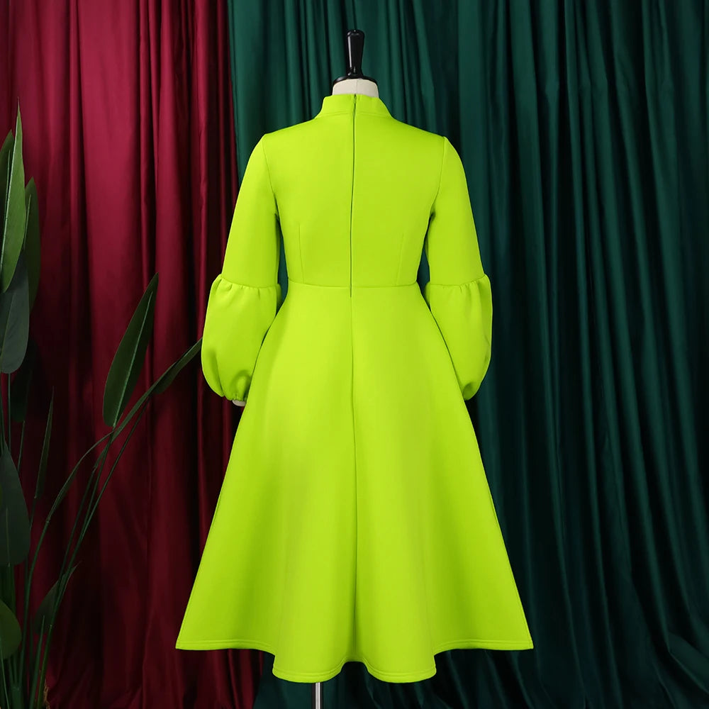 Elegant Dresses for Women Bow Collar Full Sleeve High Waisted A Line Mid Calf Luxury Female Birthday Party Dinner Vestidos Mujer