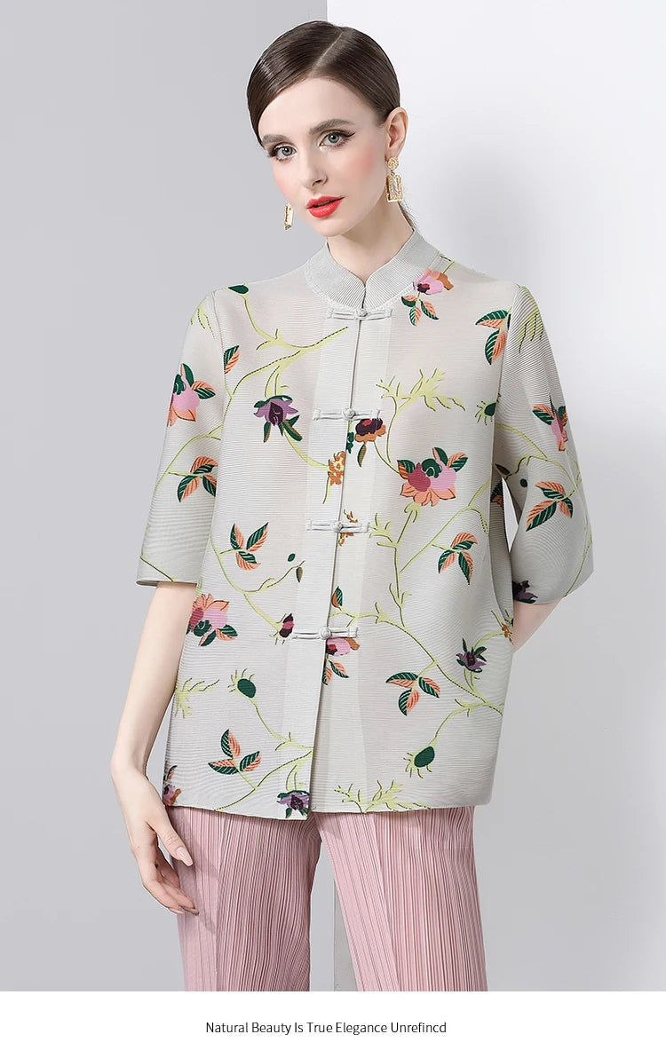 Pleated Tops for Women Summer Printed Shirts Loose Mom Wear Commuter Printed Short Sleeves Women Clothes