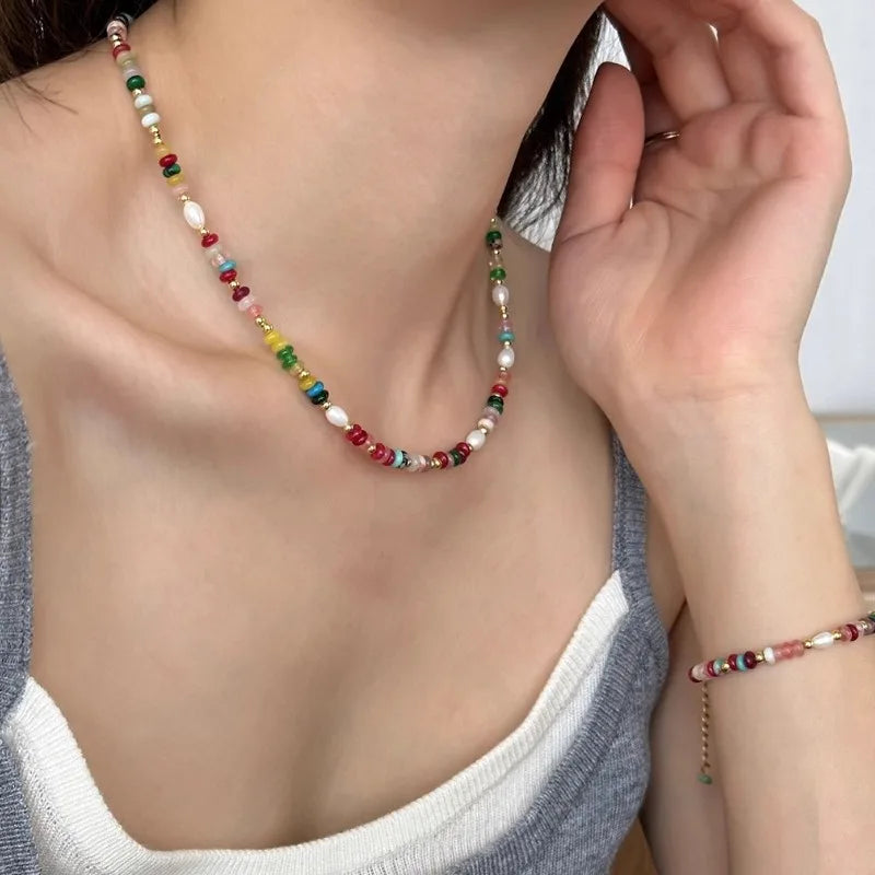 High Quality Colorful Beads Stone Natural Freshwater Pearl Necklaces For Women Retro Gold Color Clavicle Chain Jewelry Gifts