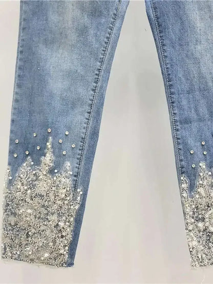 Women's Jeans High Waist Slim Hollow Out Lace Flowers Sequins Stretch Denim Pencil Pants 2025 Summer New Fashion