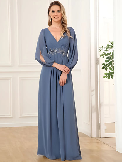 2025 Women Evening Dresses Sexy Deep V-Neck Tulle Full Sleeve Prom Gowns Appliques Empire Pleated A-Line Elegant Bridal Dress