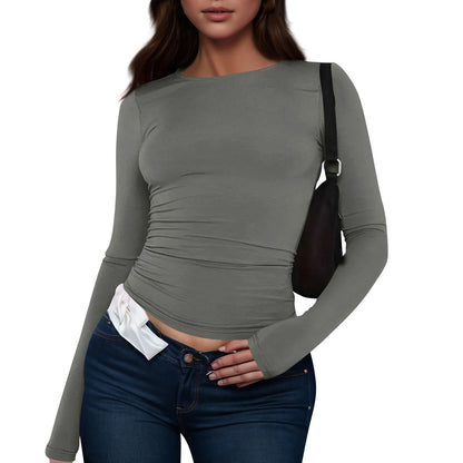 Women's Fashion Solid Colour Round Neck Long Sleeve T-Shirt Top Tops for Women Womens Tops and Blouses Trendy Womens Summer Tops