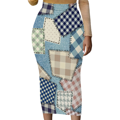 Womens Long Cotton Patchwork Stretch Denim Skirt a Line Flared Jean Maxi Skirt