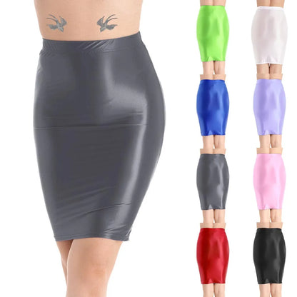 Mini Skirts Skirt For Women Autumn Bodycon Clubwear Glossy Shiny Stretchy Summer Tight Fitting High Waist Knee-length
