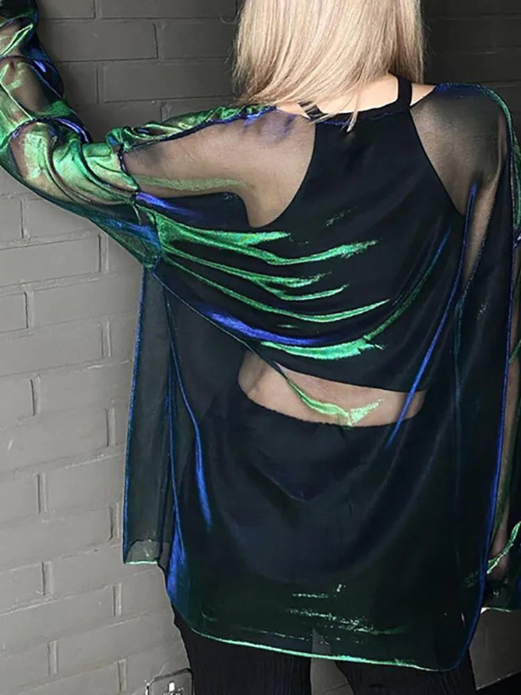 See Through T Shirts For Women Y2k Clothes Sexy Crop Tops Long Sleeve Oversized Tshirt O-Neck Club Outfit Reflective Egirl Tees