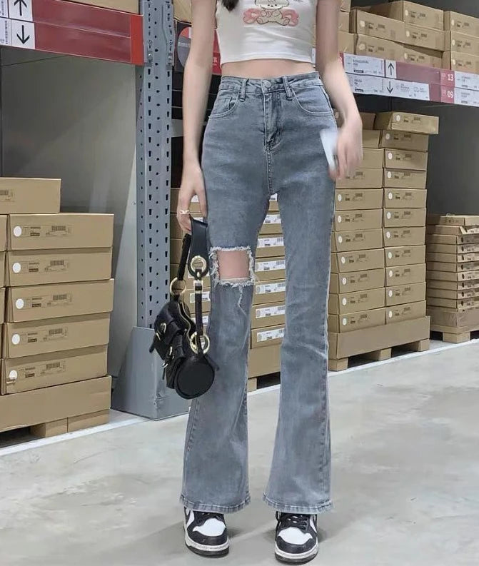 Denim Pants for Women Blue Womens Ripped Jeans Slim Fit Straight Leg Bell Bottom Trousers Original Emo Wholesale Stylish Wide A