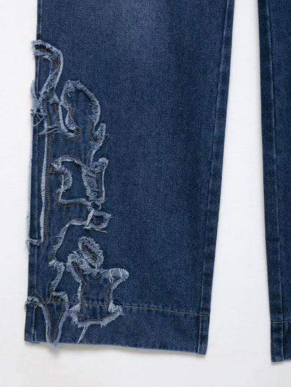 European style new women's fashion versatile temperament straight embroidered low waist jeans trousers