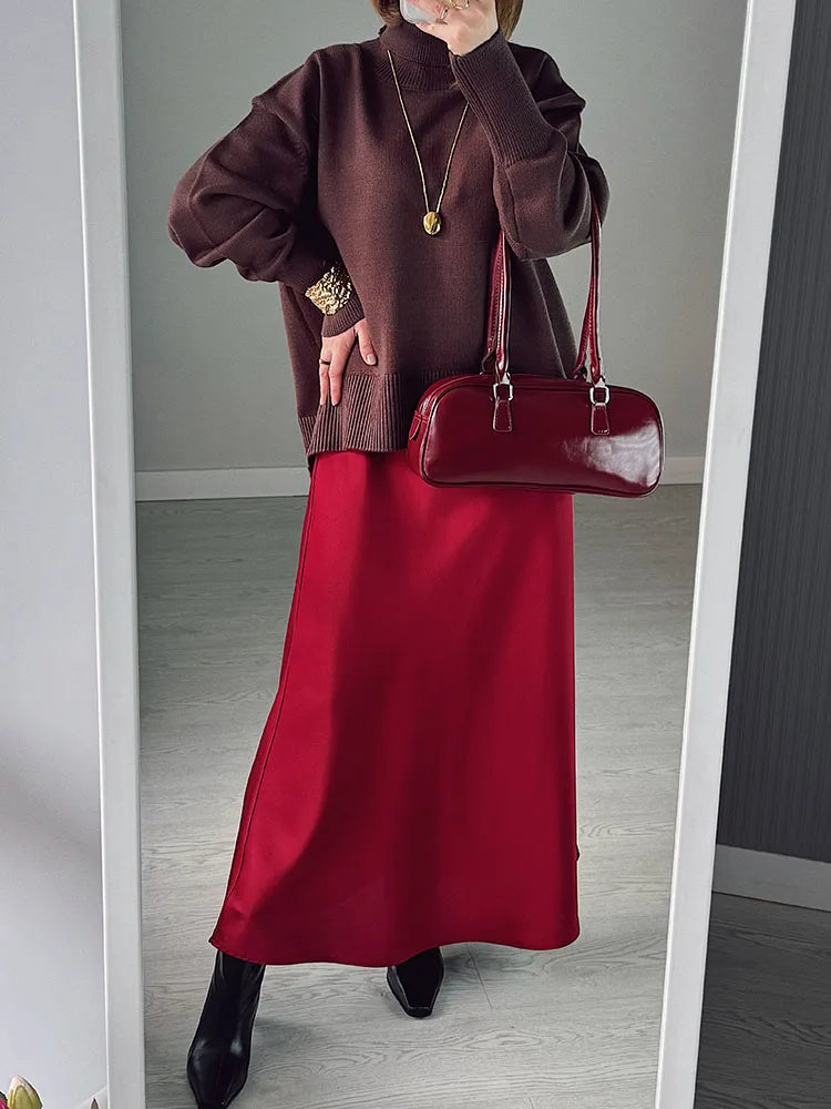 Long Black Satin Skirts Women For Work Summer Autumn Straight Brown Skirt Long Belt Coffee Formal Silk Maxi Skirt For Ladies