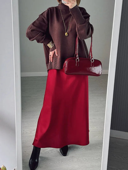 Long Black Satin Skirts Women For Work Summer Autumn Straight Brown Skirt Long Belt Coffee Formal Silk Maxi Skirt For Ladies