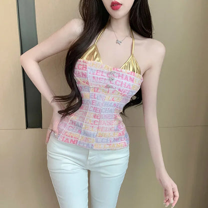 Women's top 2025 summer chic sexy socialite style pink Twed design sense strapless hanging neck vest