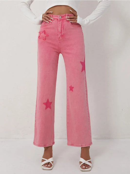 Women's Pink Jeans Star Print Flared High Waist Denim Trousers Stylish and Comfortable Outfit Option