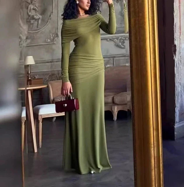 Womens Dresses  Spring New Round Neck Long Sleeves Elegant Temperament Ruched Waist Cinching Skinny Evening long Dress