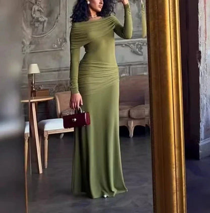 Womens Dresses  Spring New Round Neck Long Sleeves Elegant Temperament Ruched Waist Cinching Skinny Evening long Dress