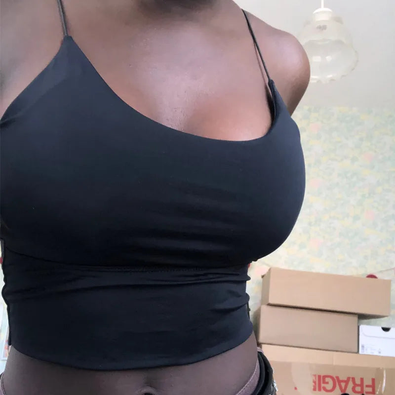 Sexy Women Crop Tops Ice Silk Summer Bra Sports Spaghetti Strap Vest Top Women Built In Bra Off Shoulder Sleeveless Camisole