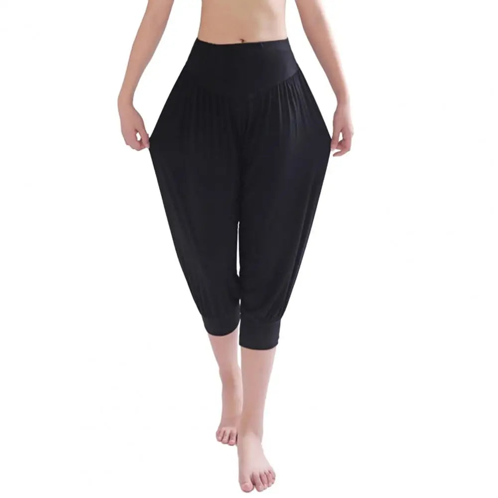 Summer Women Yoga Pants Modal Solid Color Yoga Cropped Pants Wide Elastic Waistband Dance Performance Wide Leg Pants Bloomers