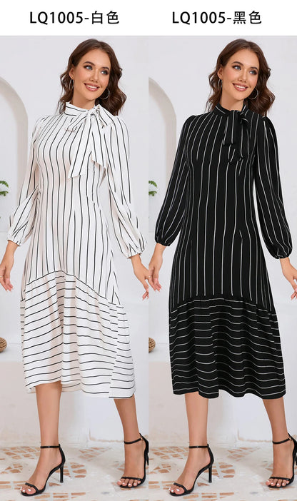 Women's Dresses Formal Fashion Office Lady Professional High-end Stand-up Collar Thin Striped Party Dress Vestidos De Mujer