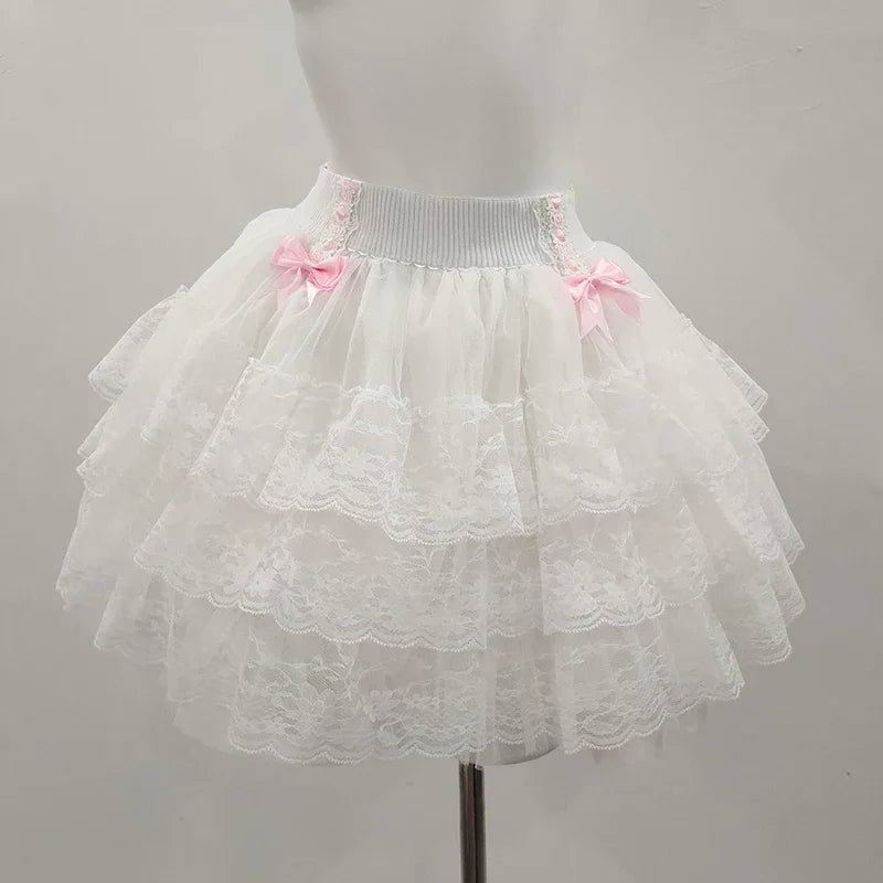 Pink Skirts for Sweet Girls Summer Bows Decoration Elastic Waist Lolita Style Multilayered Lace Skirt Kawaii Clothes